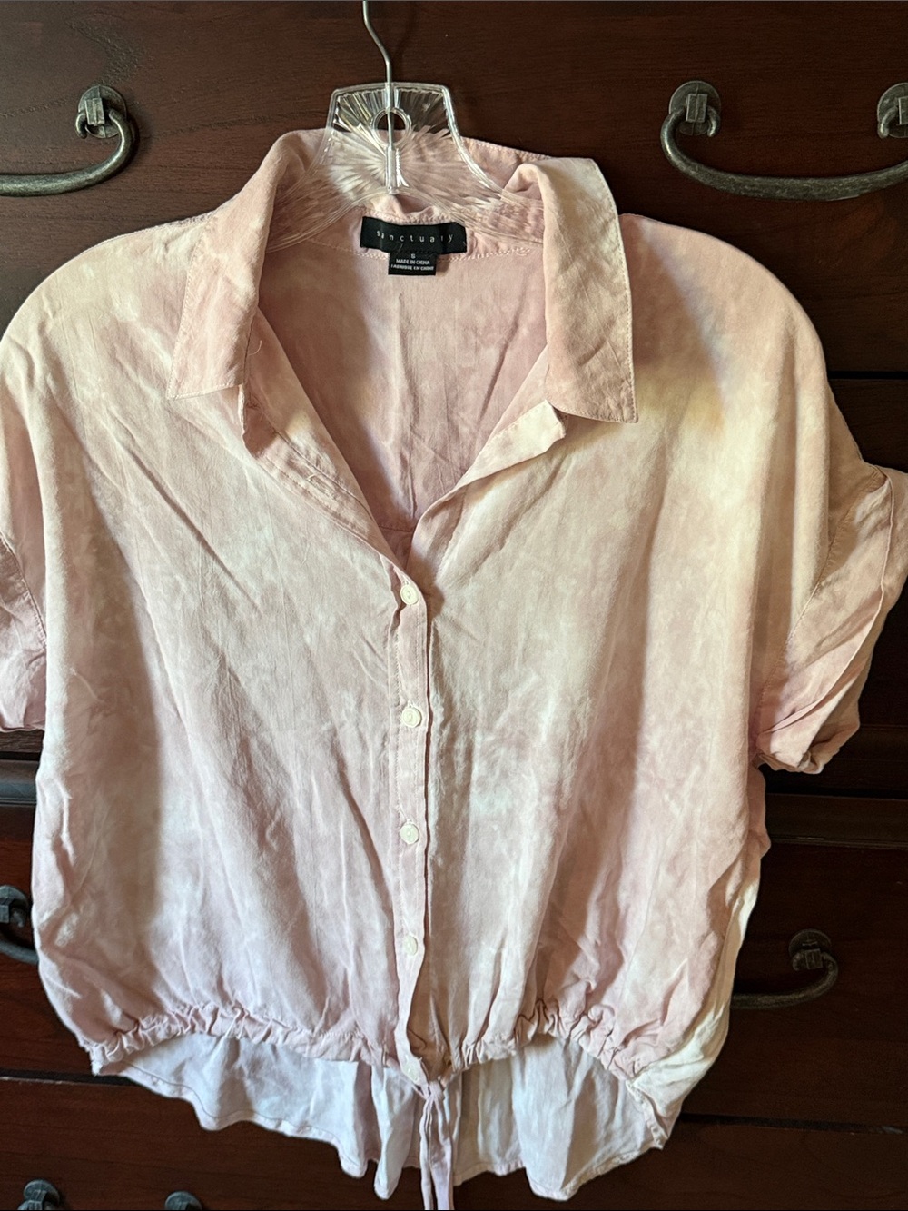 Sanctuary Pale Pink Button-Front Short Sleeve Drawstring Hem Top
